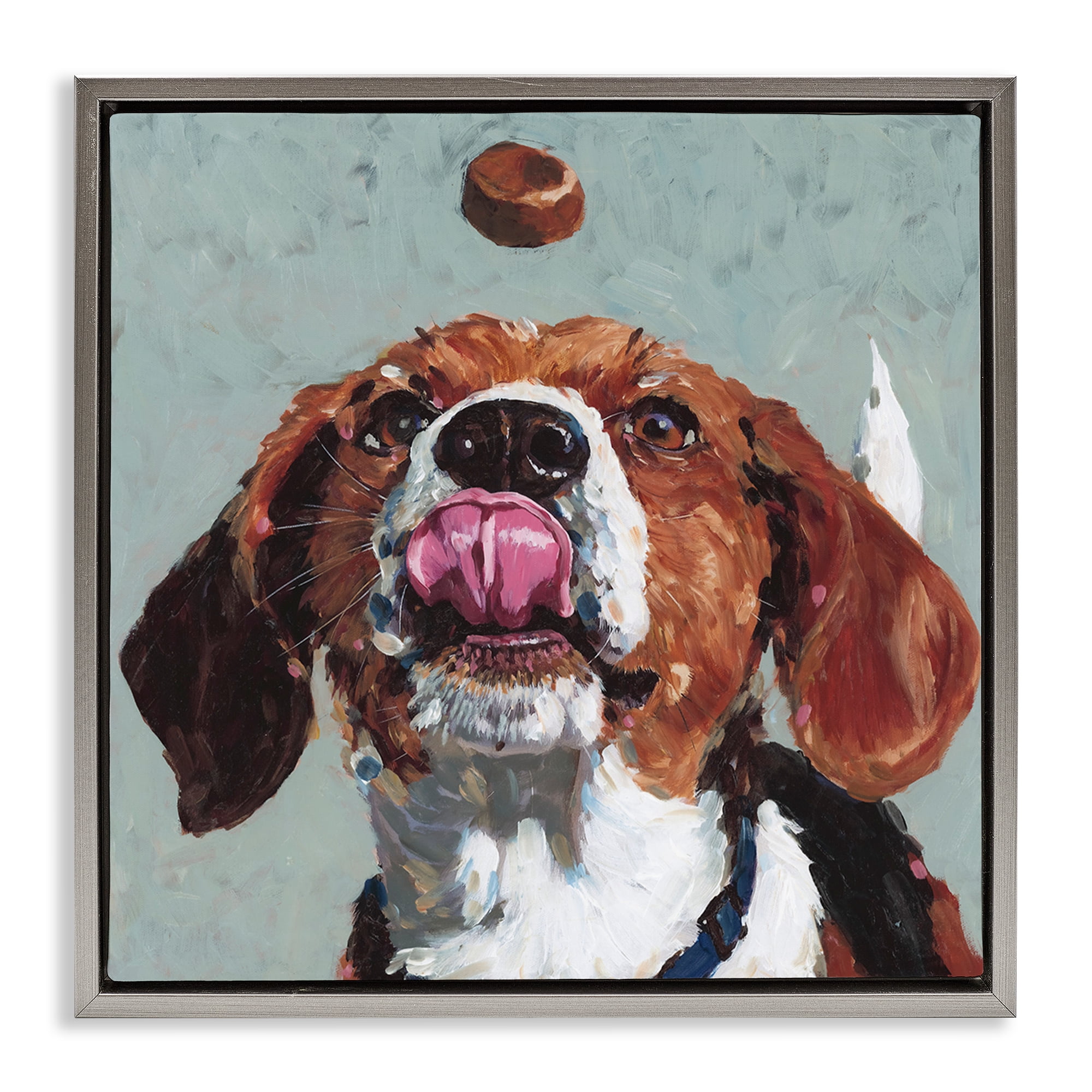 Stupell Industries Beagle Treat Excitement Gray Framed Floater Canvas Wall Art, design by Studio Bautista