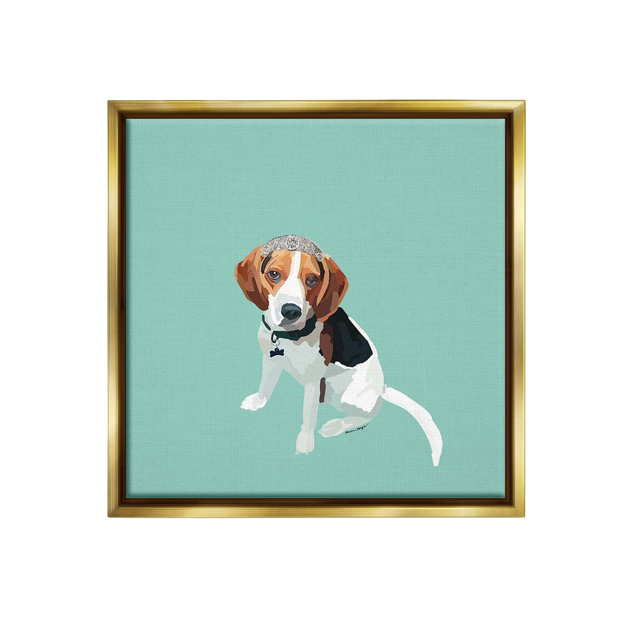 Stupell Industries Beagle with Tiara Animals & Insects Painting Gold Floater Framed Canvas Art Print Wall Art, 18 x 18