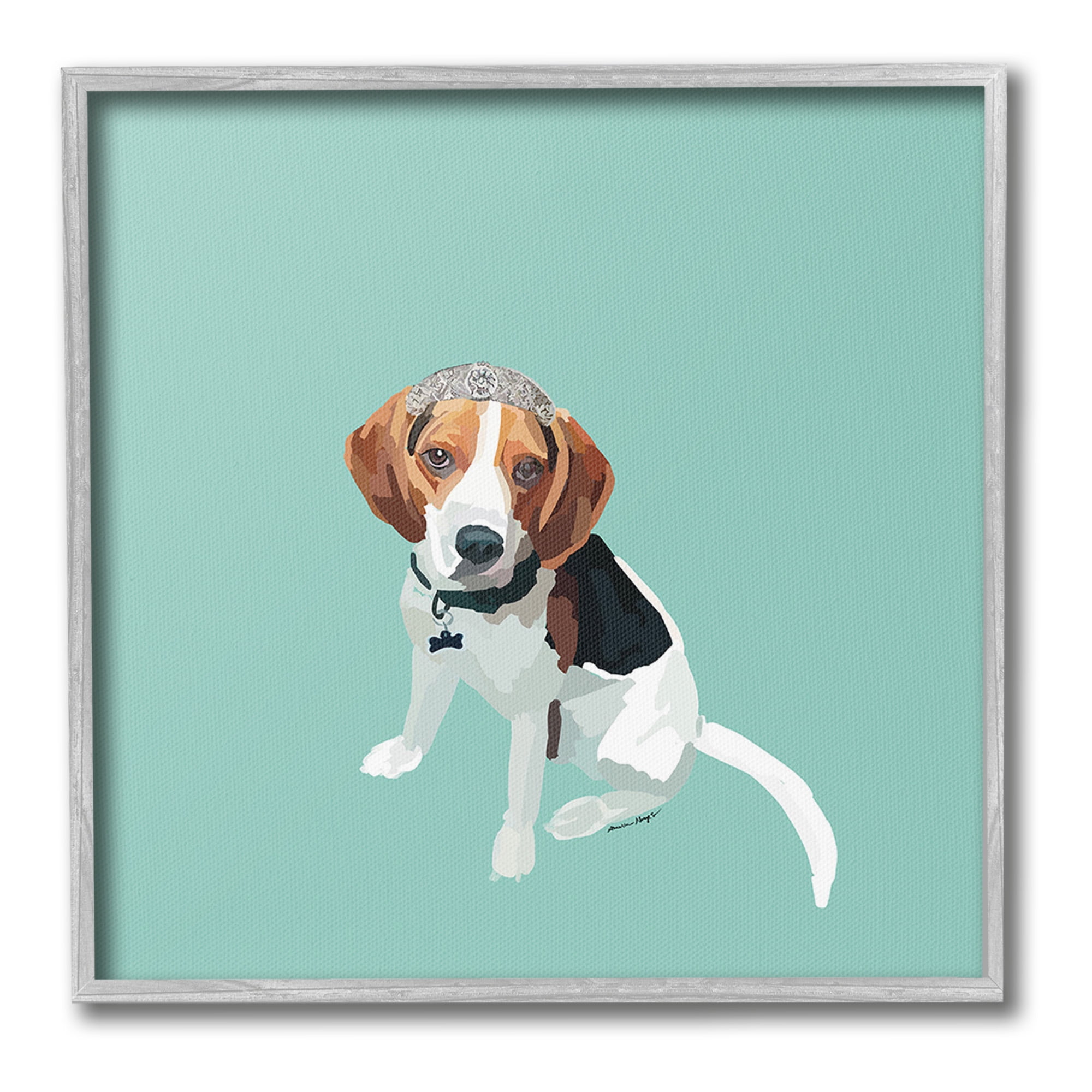 Stupell Industries Beagle with Tiara Animals & Insects Painting Gray Framed Art Print Wall Art, 12 x 12