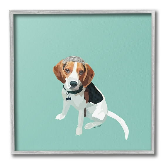 Stupell Industries Beagle with Tiara Animals & Insects Painting Gray Framed Art Print Wall Art, 24 x 24