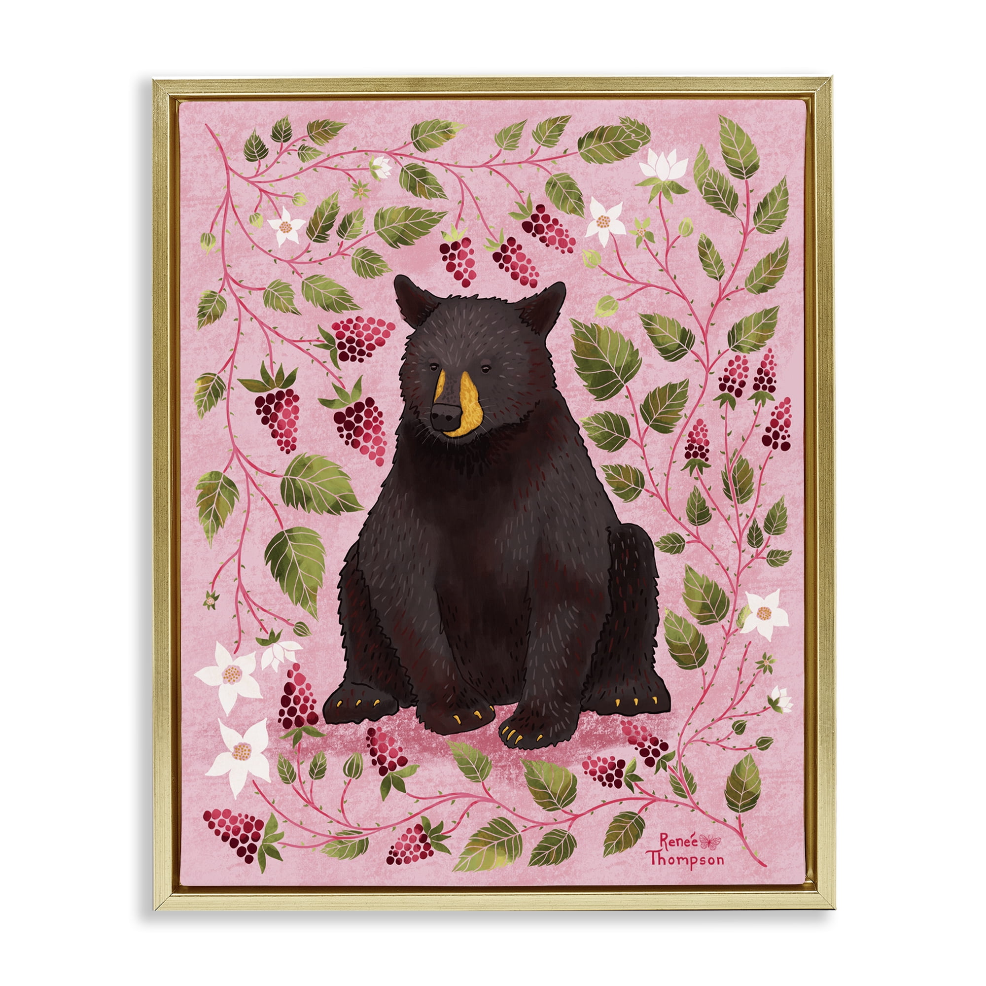 Stupell Industries Bear & Blackberry Plants Animals Painting Gold Floater Framed Canvas Art Print Wall Art, 25 x 31