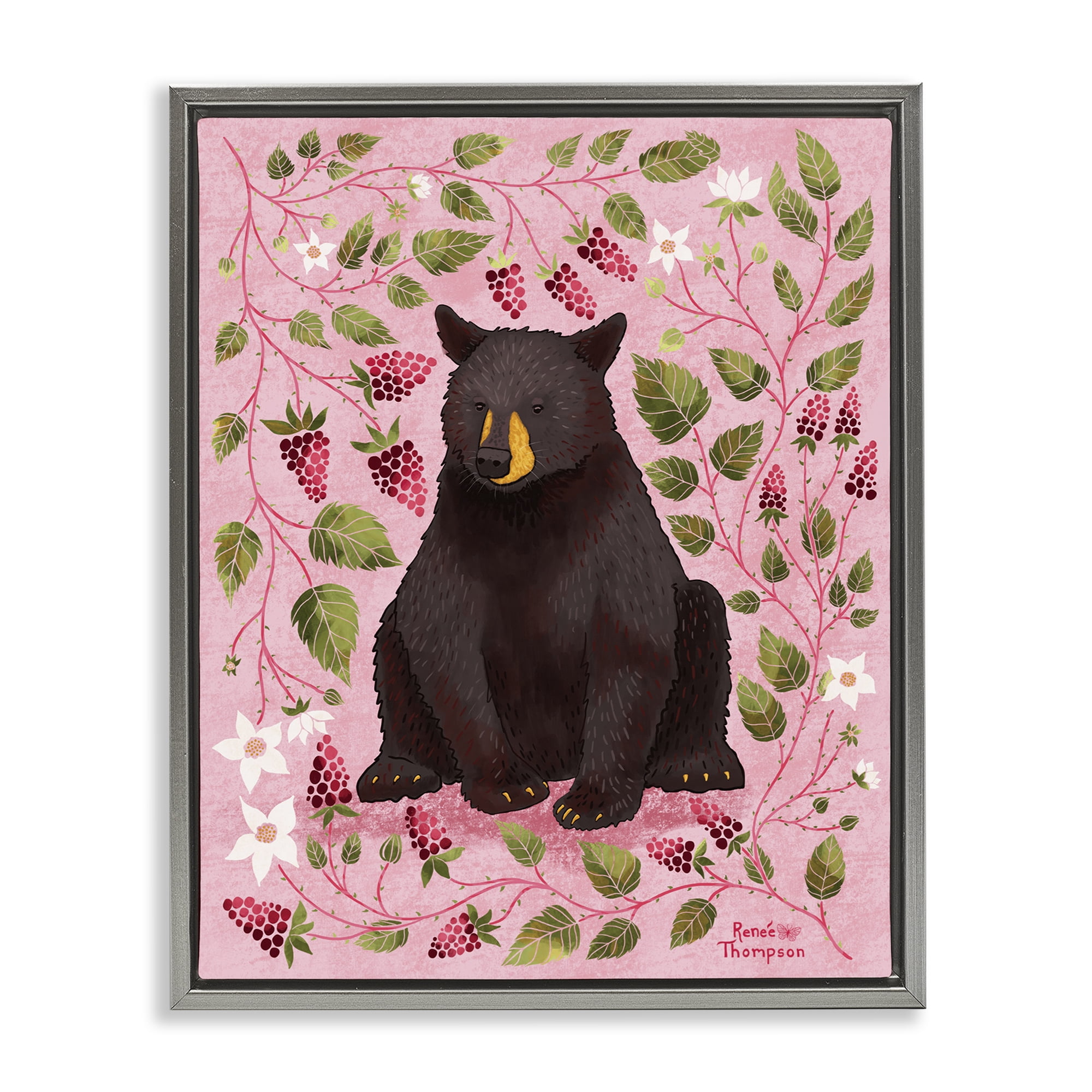 Stupell Industries Bear & Blackberry Plants Animals Painting Gray Floater Framed Canvas Art Print Wall Art, 17 x 21
