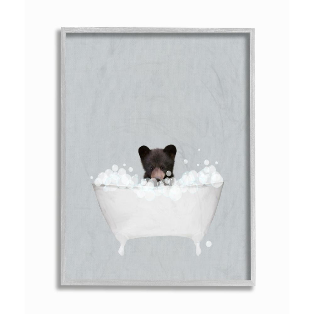 Stupell Industries Bear Blue Bath Cute Animal Design Graphic Art Gray Framed Art Print Wall Art, 11x14, by Leah Straatsma