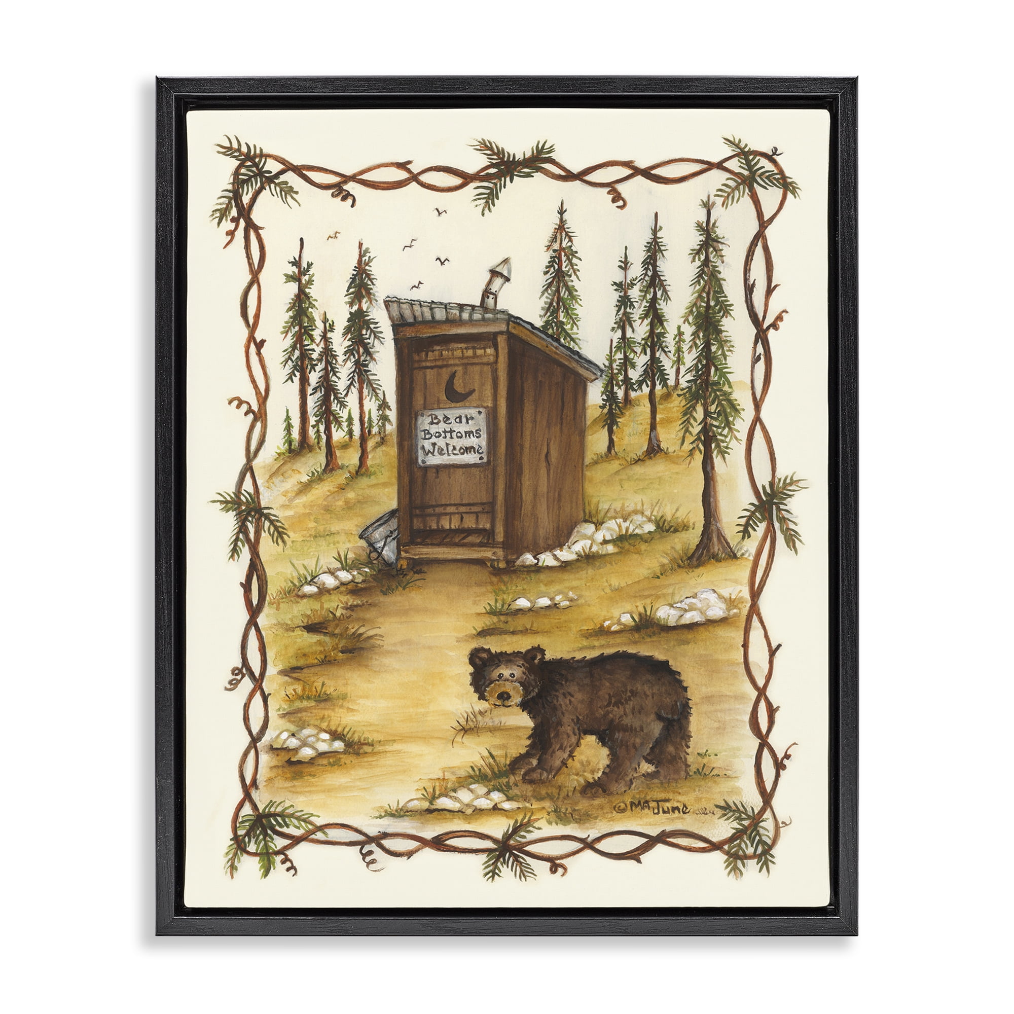 Stupell Industries Bear Bottoms Welcome Animals & Insects Painting Black Floater Framed Art Print Wall Art, 25 x 31