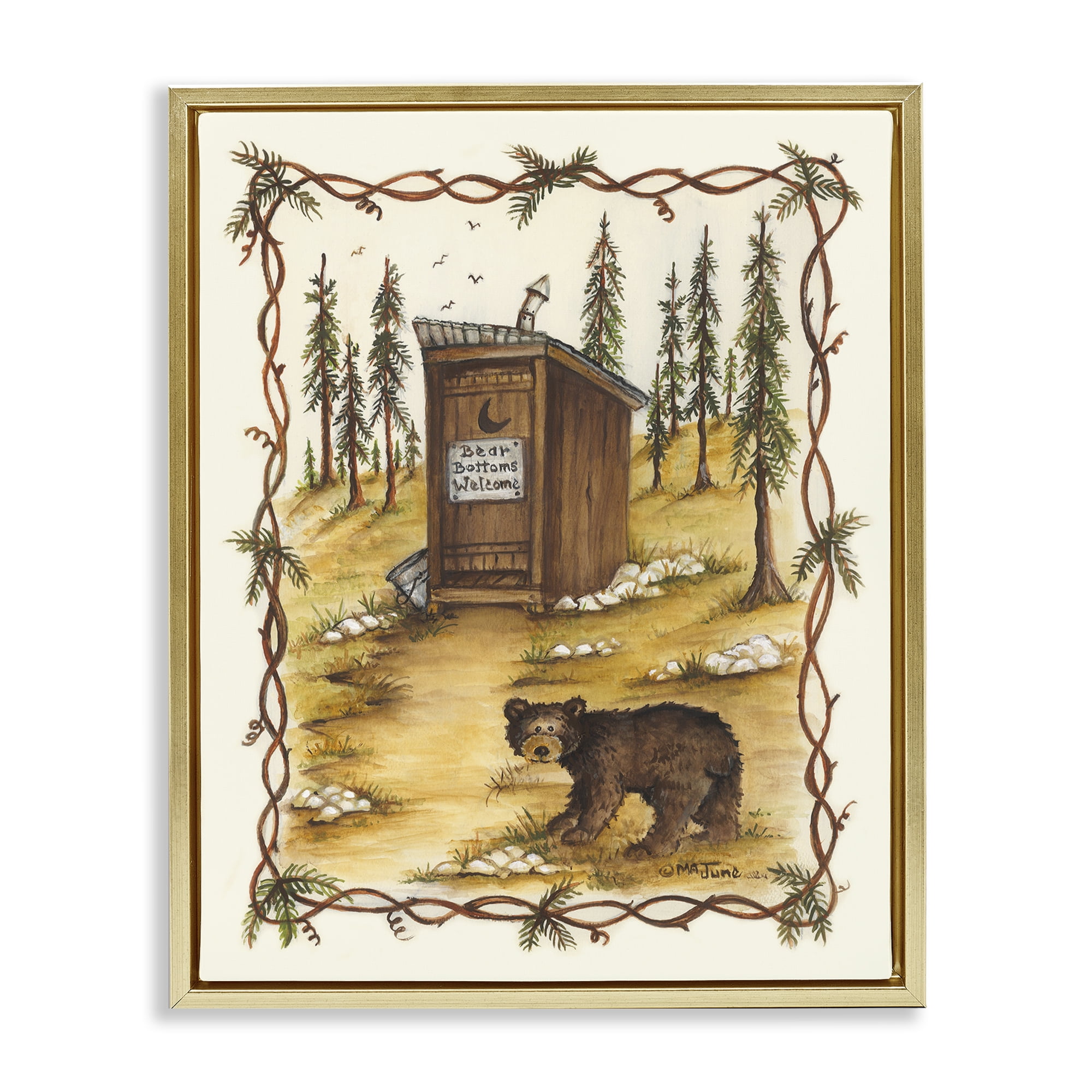 Stupell Industries Bear Bottoms Welcome Animals & Insects Painting Gold Floater Framed Art Print Wall Art, 17 x 21
