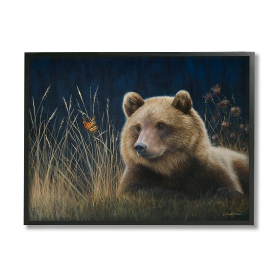 Stupell Industries Bear & Butterfly Scene Animals & Insects Painting Black Framed Art Print Wall Art, 14 x 11
