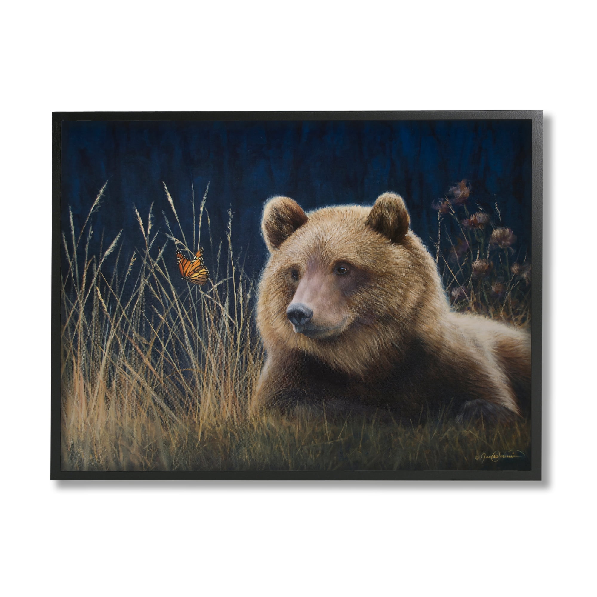 Stupell Industries Bear & Butterfly Scene Animals & Insects Painting Black Framed Art Print Wall Art, 30 x 24