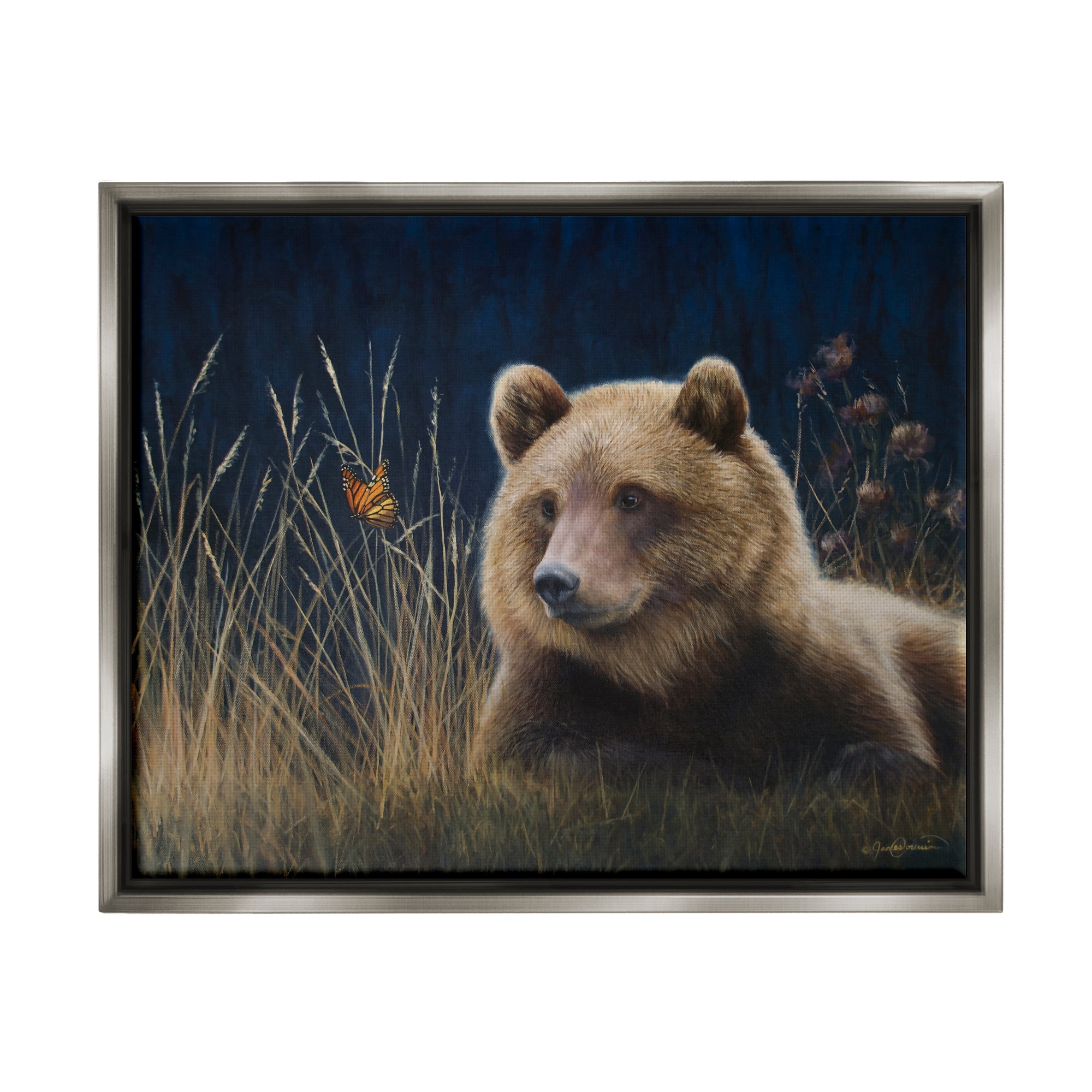 Stupell Industries Bear & Butterfly Scene Animals & Insects Painting Gray Floater Framed Canvas Art Print Wall Art, 21 x 17