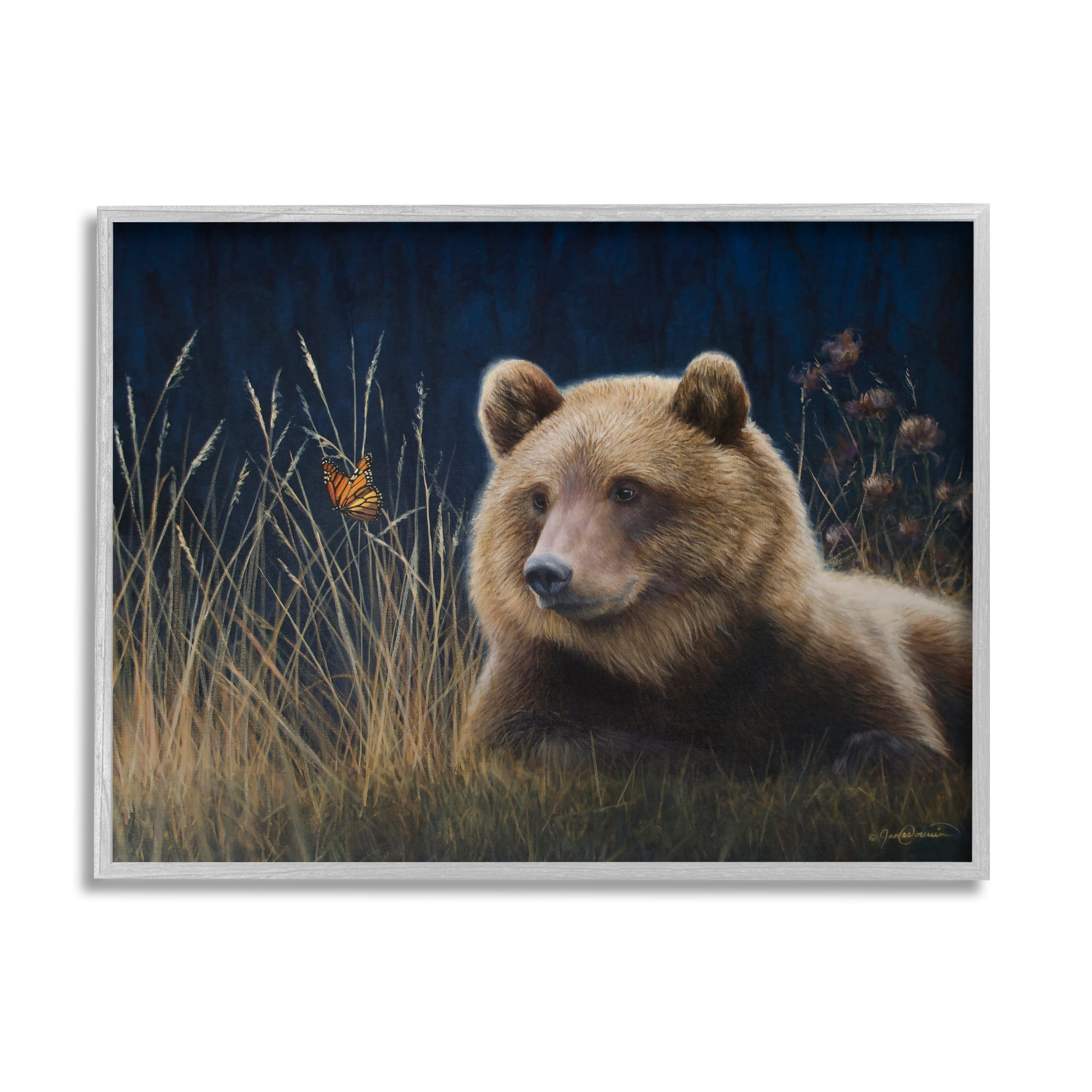 Stupell Industries Bear & Butterfly Scene Animals & Insects Painting Gray Framed Art Print Wall Art, 20 x 16