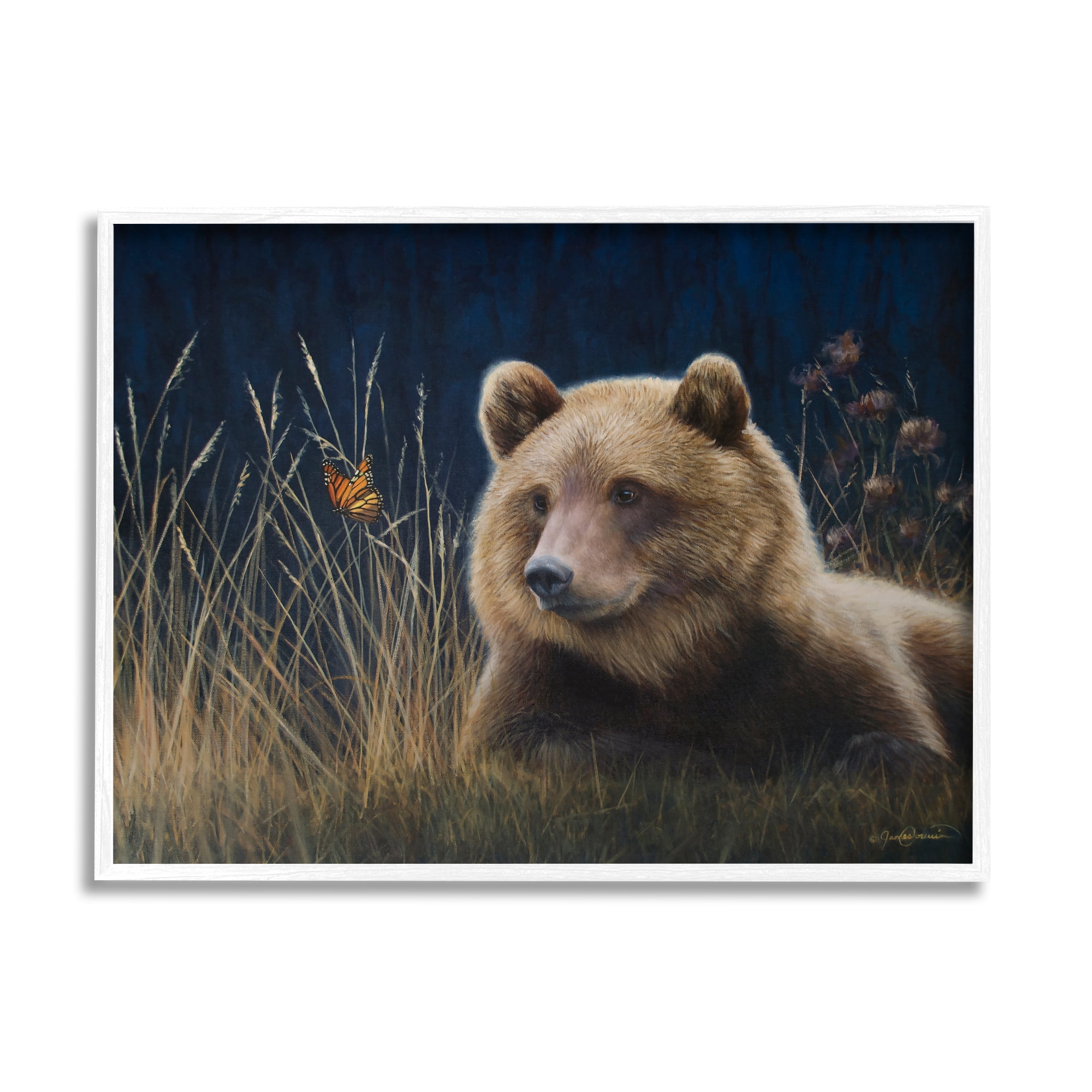 Stupell Industries Bear & Butterfly Scene Animals & Insects Painting White Framed Art Print Wall Art, 30 x 24