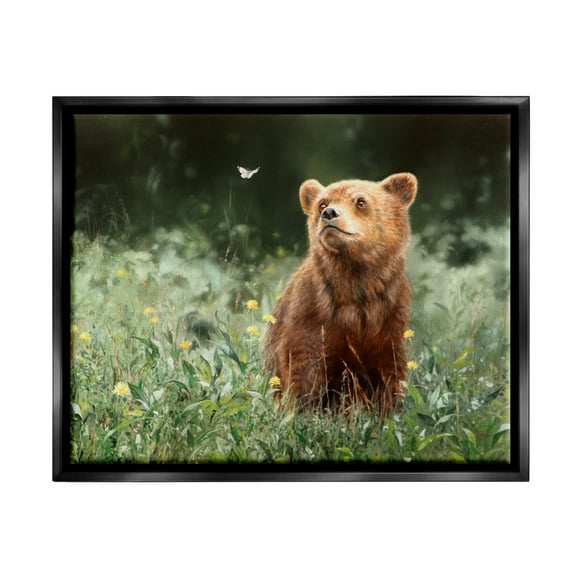 Stupell Industries Bear & Butterfly in Meadow Animals & Insects Photography Black Floater Framed Art Print Wall Art, 21 x 17