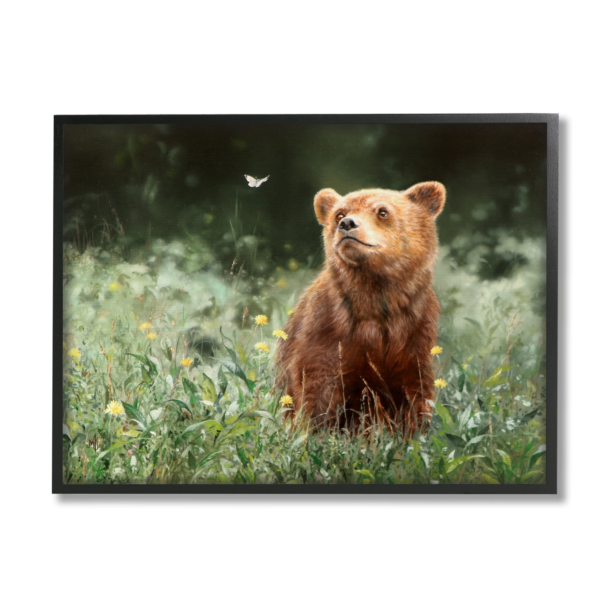 Stupell Industries Bear & Butterfly in Meadow Animals & Insects Photography Black Framed Art Print Wall Art, 20 x 16