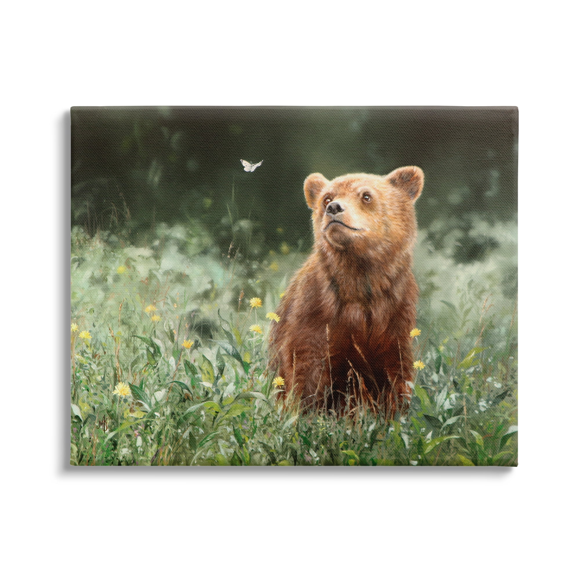 Bear and Butterfly Meadow Canvas Print in Brown and Green