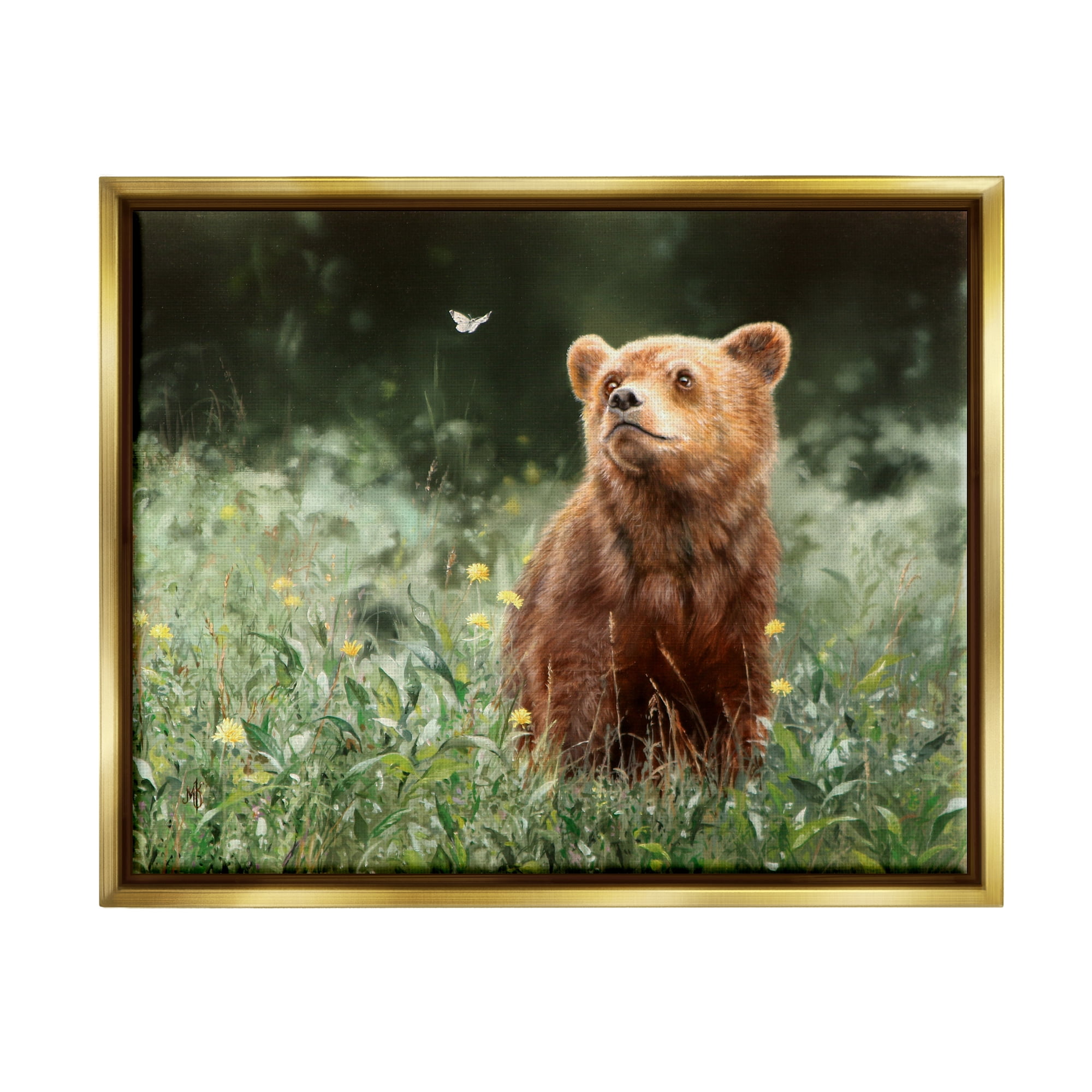 Stupell Industries Bear & Butterfly in Meadow Animals & Insects Photography Gold Floater Framed Art Print Wall Art, 31 x 25