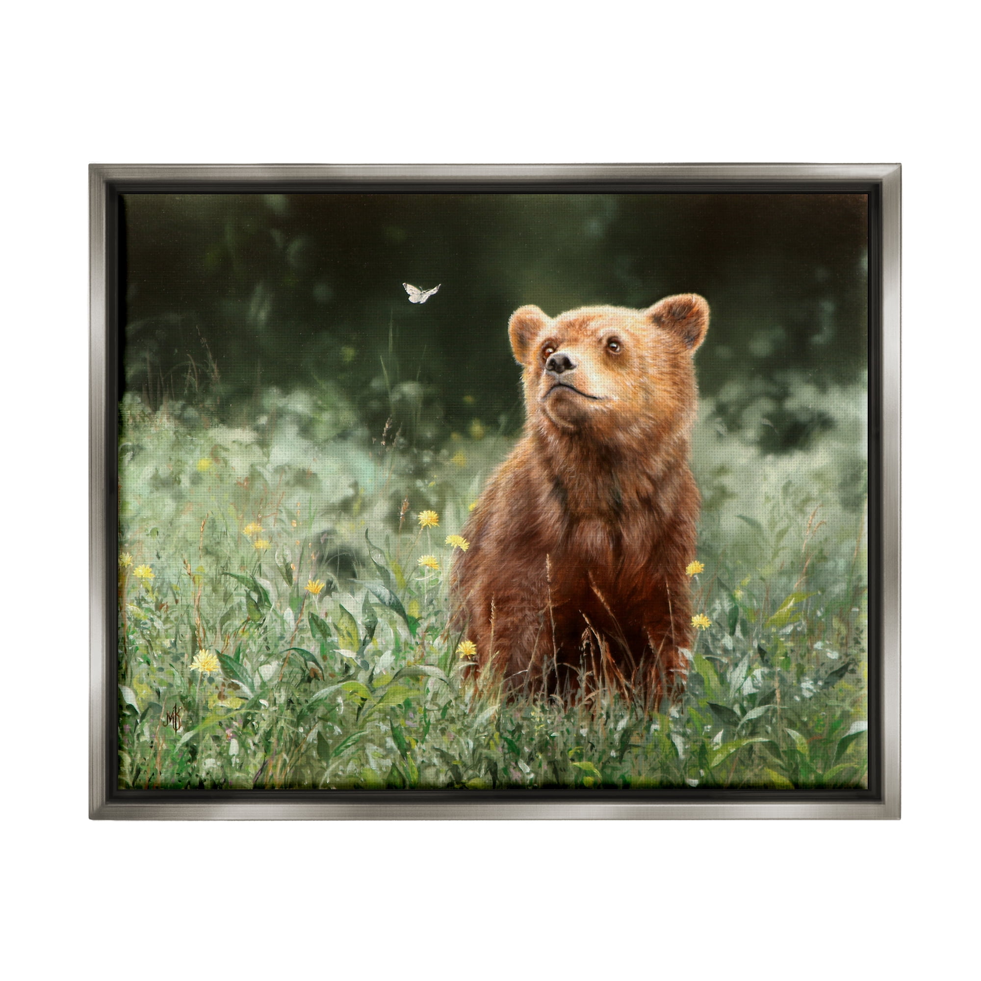 Stupell Industries Bear & Butterfly in Meadow Animals & Insects Photography Gray Floater Framed Art Print Wall Art, 31 x 25