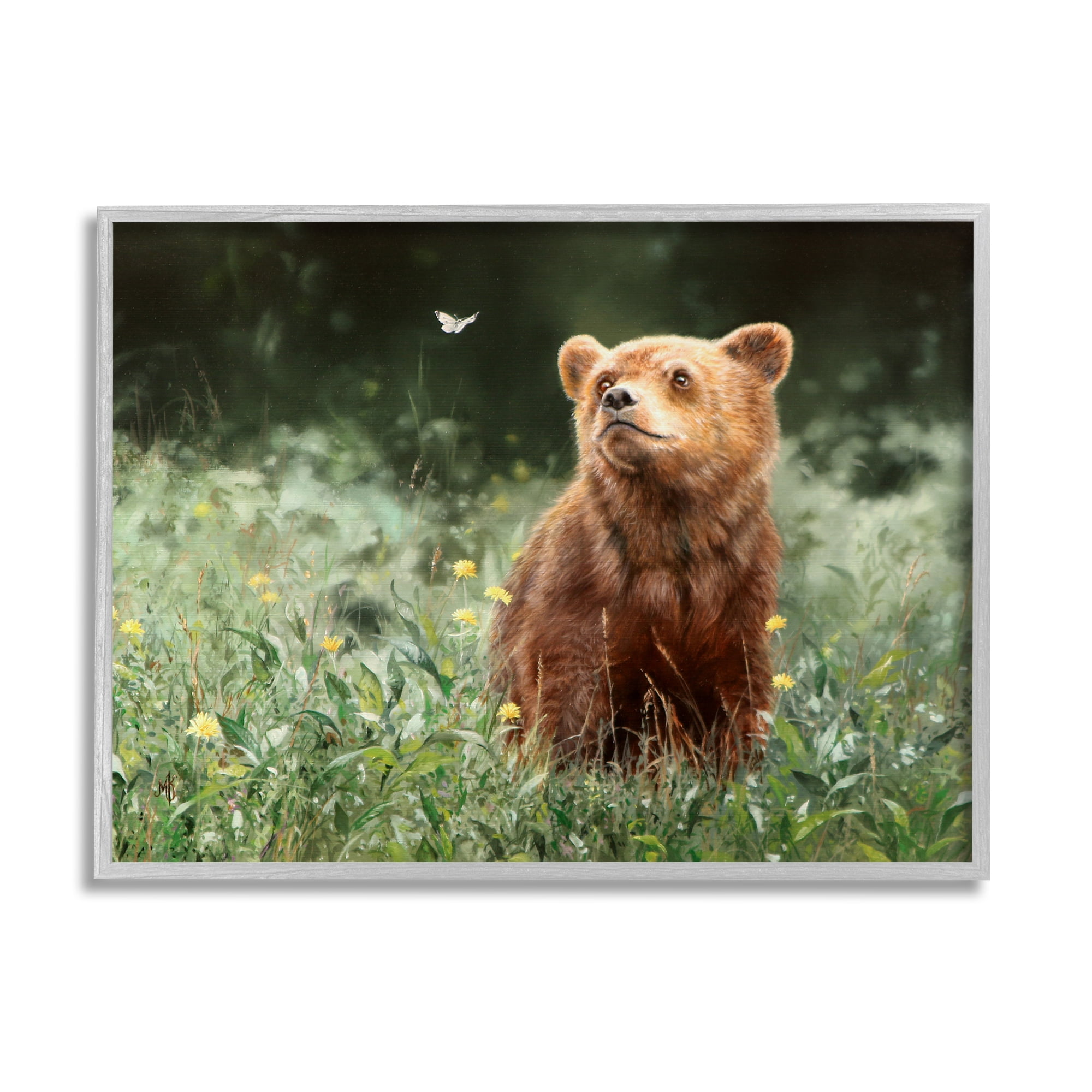 Stupell Industries Bear & Butterfly in Meadow Animals & Insects Photography Gray Framed Art Print Wall Art, 20 x 16