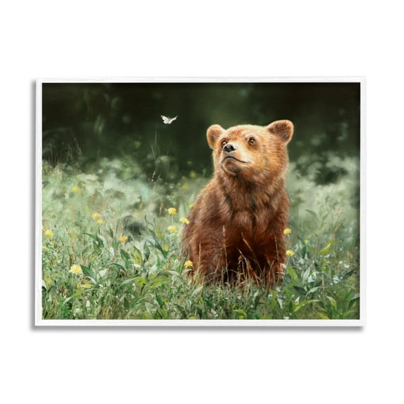 Stupell Industries Bear & Butterfly in Meadow Animals & Insects Photography White Framed Art Print Wall Art, 14 x 11