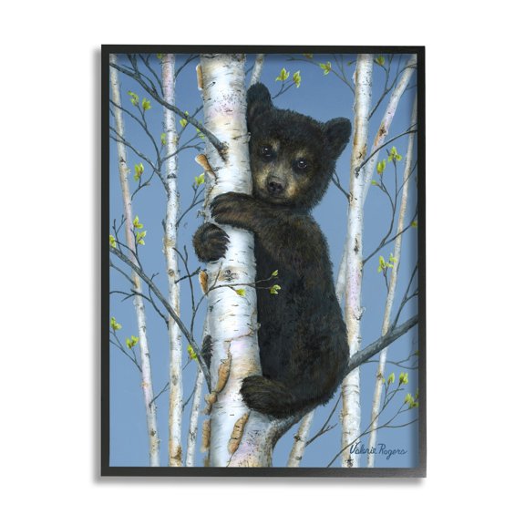 Stupell Industries Bear Cub Climbing Birch Tree Animals & Insects Painting Black Framed Art Print Wall Art