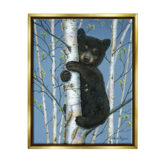 Stupell Industries Bear Cub Climbing Birch Tree Animals & Insects Painting Gold Floater Framed Art Print Wall Art