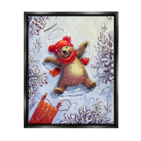 Stupell Industries Bear Cub Snow Angel Sled Holiday Painting Black Floater Framed Art Print Wall Art