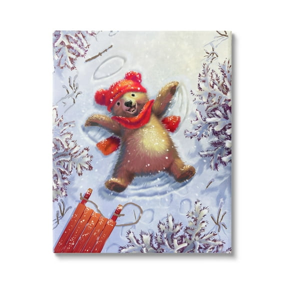 Stupell Industries Bear Cub Snow Angel Sled Holiday Painting Gallery Wrapped Canvas Print Wall Art