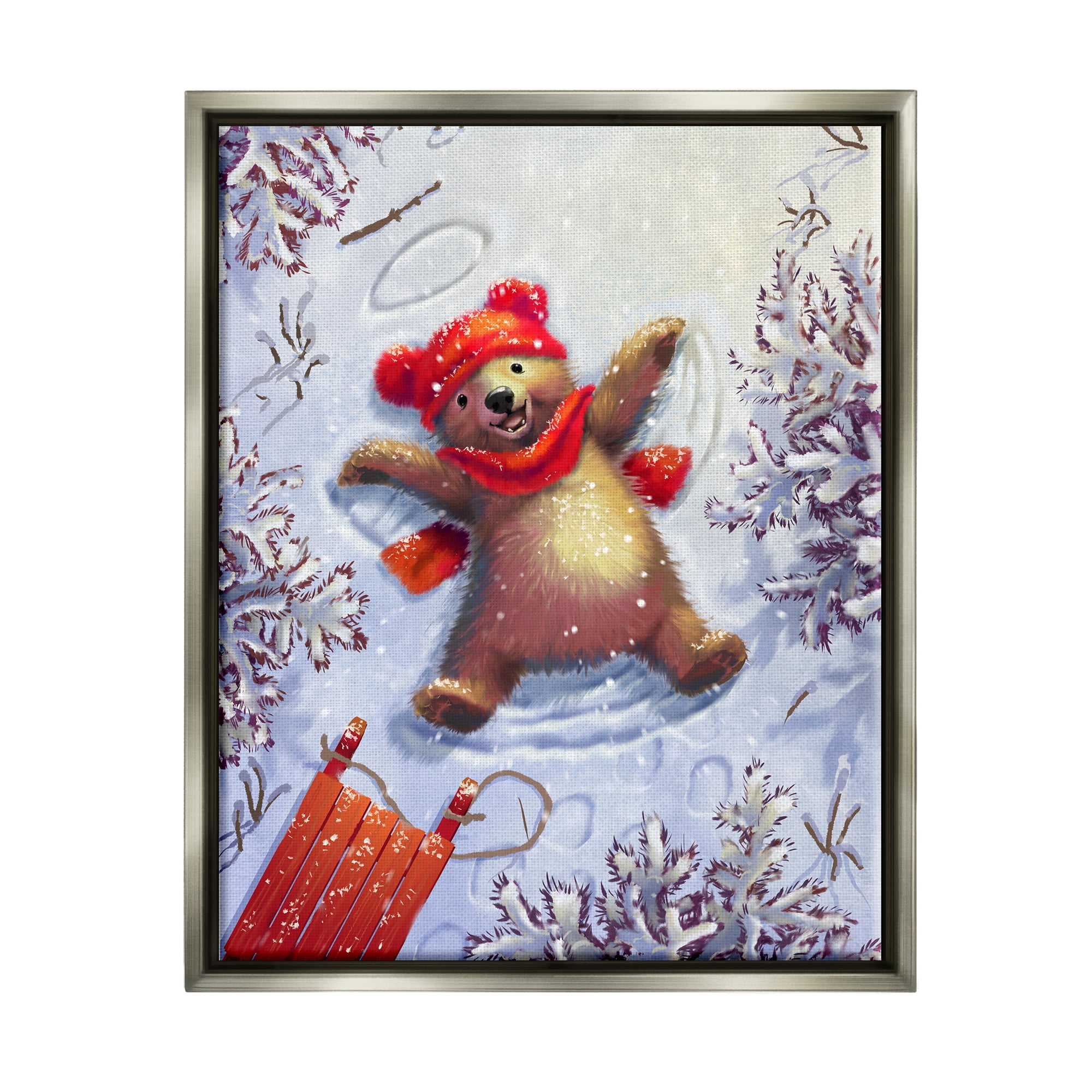 Stupell Industries Bear Cub Snow Angel Sled Holiday Painting Gray Floater Framed Art Print Wall Art