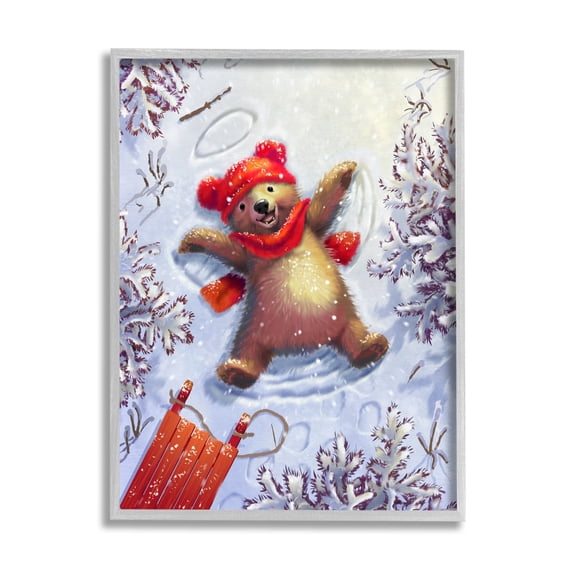 Stupell Industries Bear Cub Snow Angel Sled Holiday Painting Gray Framed Art Print Wall Art