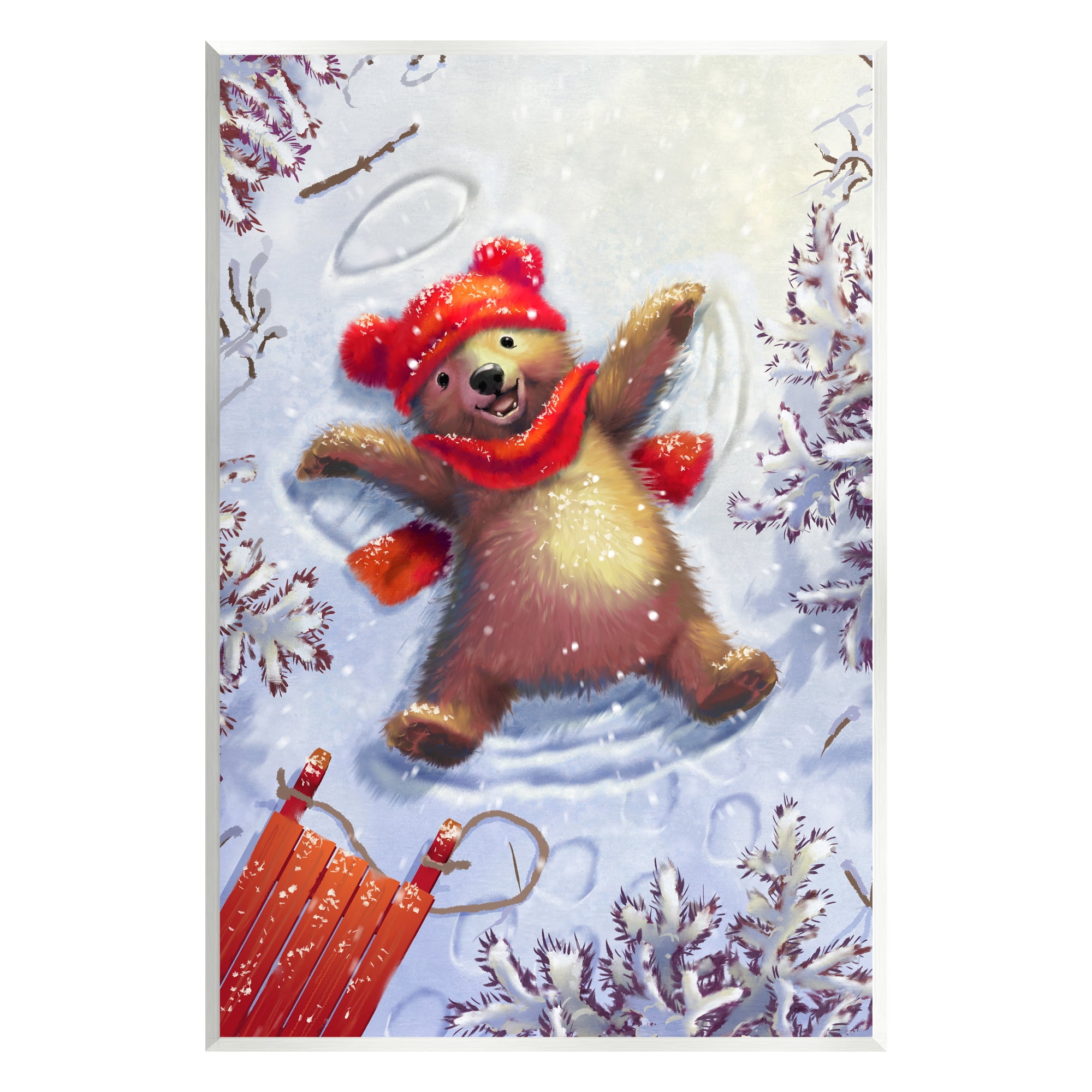 Stupell Industries Bear Cub Snow Angel Sled Holiday Painting Unframed Art Print Wall Art