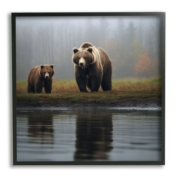 Stupell Industries Bear & Cub at Lake Animals & Insects Painting Black Framed Art Print Wall Art, 12 x 12
