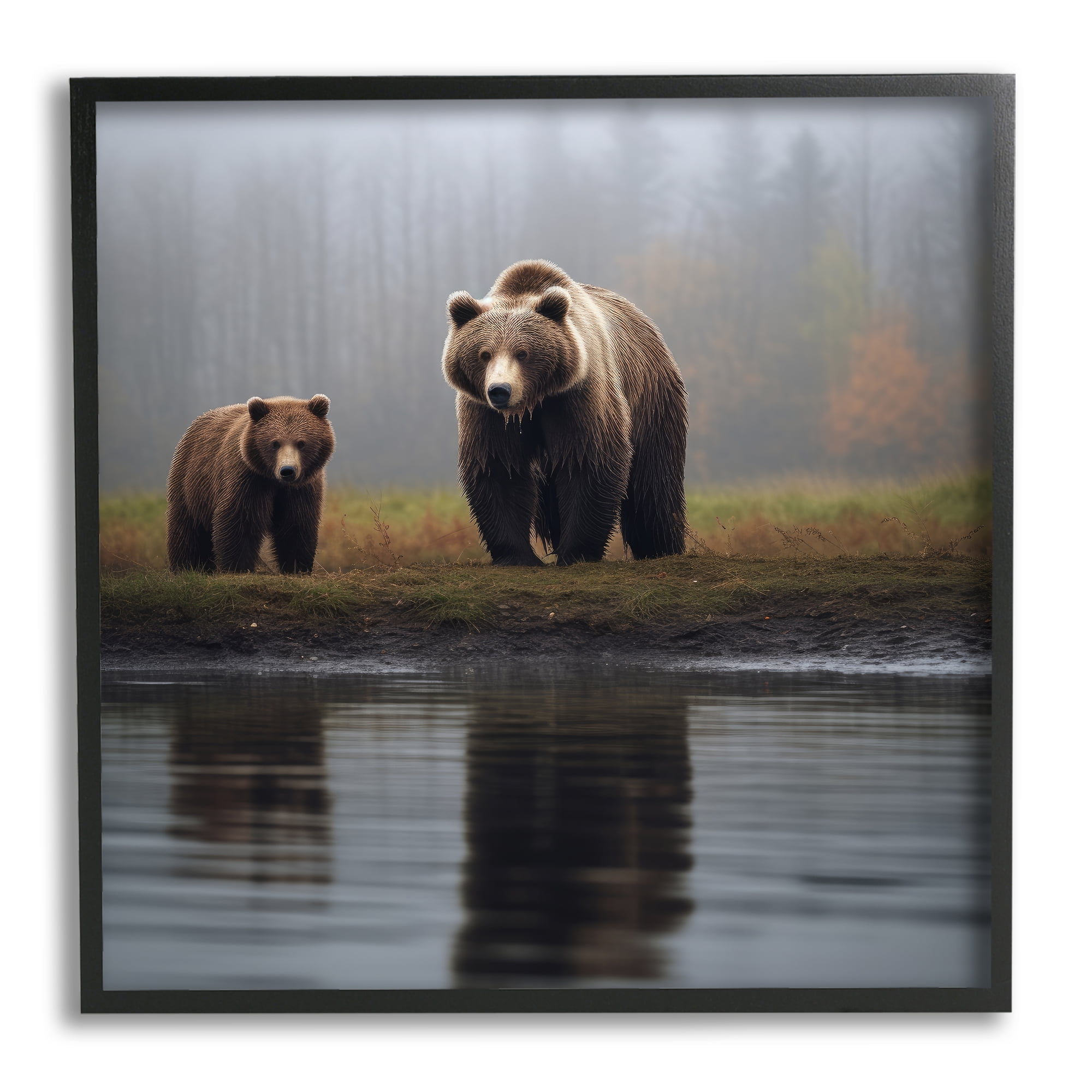 Stupell Industries Bear & Cub at Lake Animals & Insects Painting Black Framed Art Print Wall Art, 24 x 24