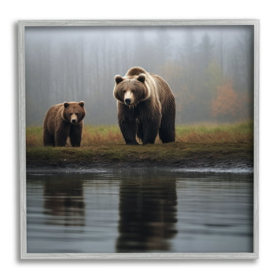 Stupell Industries Bear & Cub at Lake Animals & Insects Painting Gray Framed Art Print Wall Art, 12 x 12