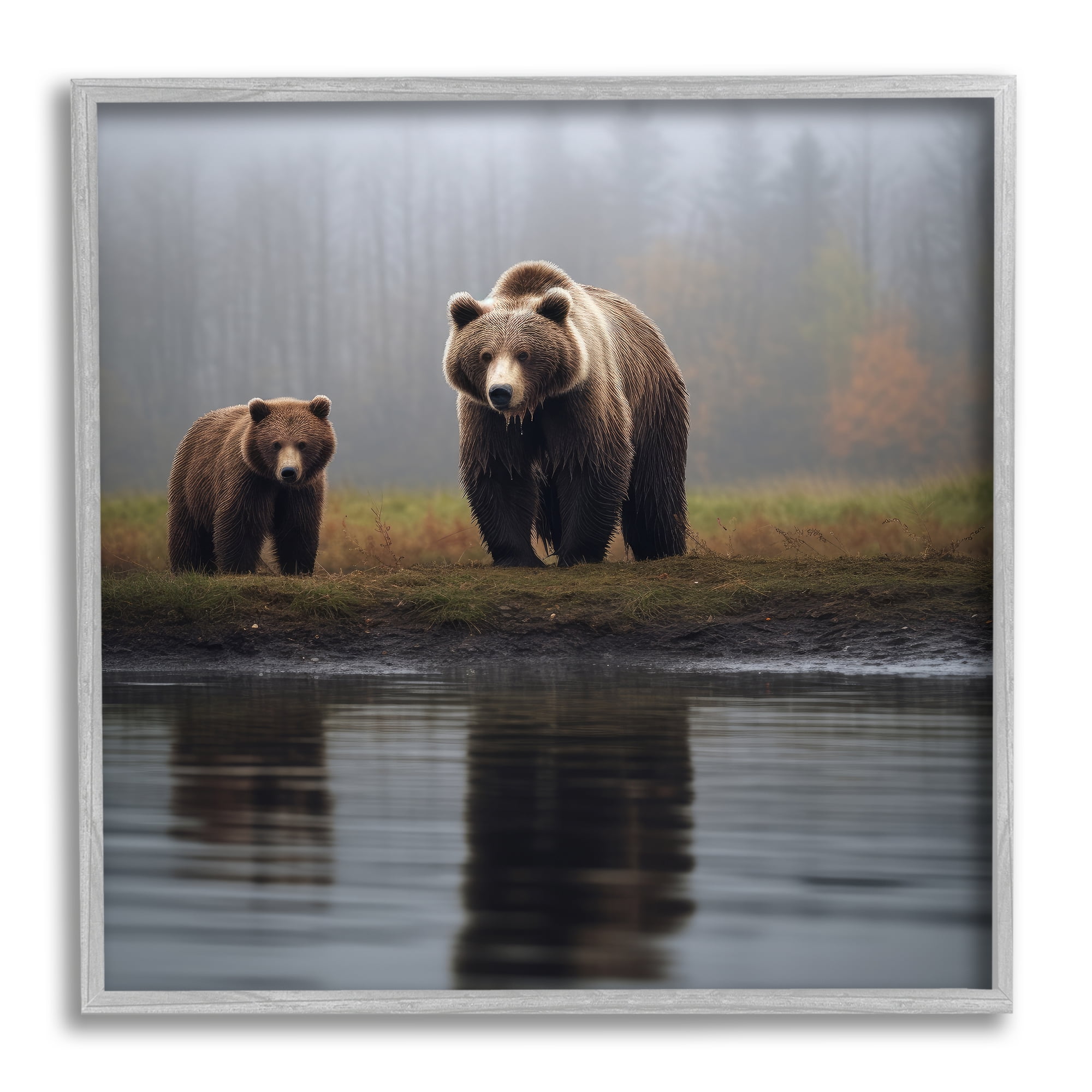 Stupell Industries Bear & Cub at Lake Animals & Insects Painting Gray Framed Art Print Wall Art, 17 x 17