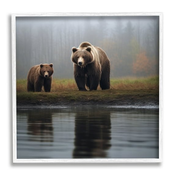 Stupell Industries Bear & Cub at Lake Animals & Insects Painting White Framed Art Print Wall Art, 17 x 17