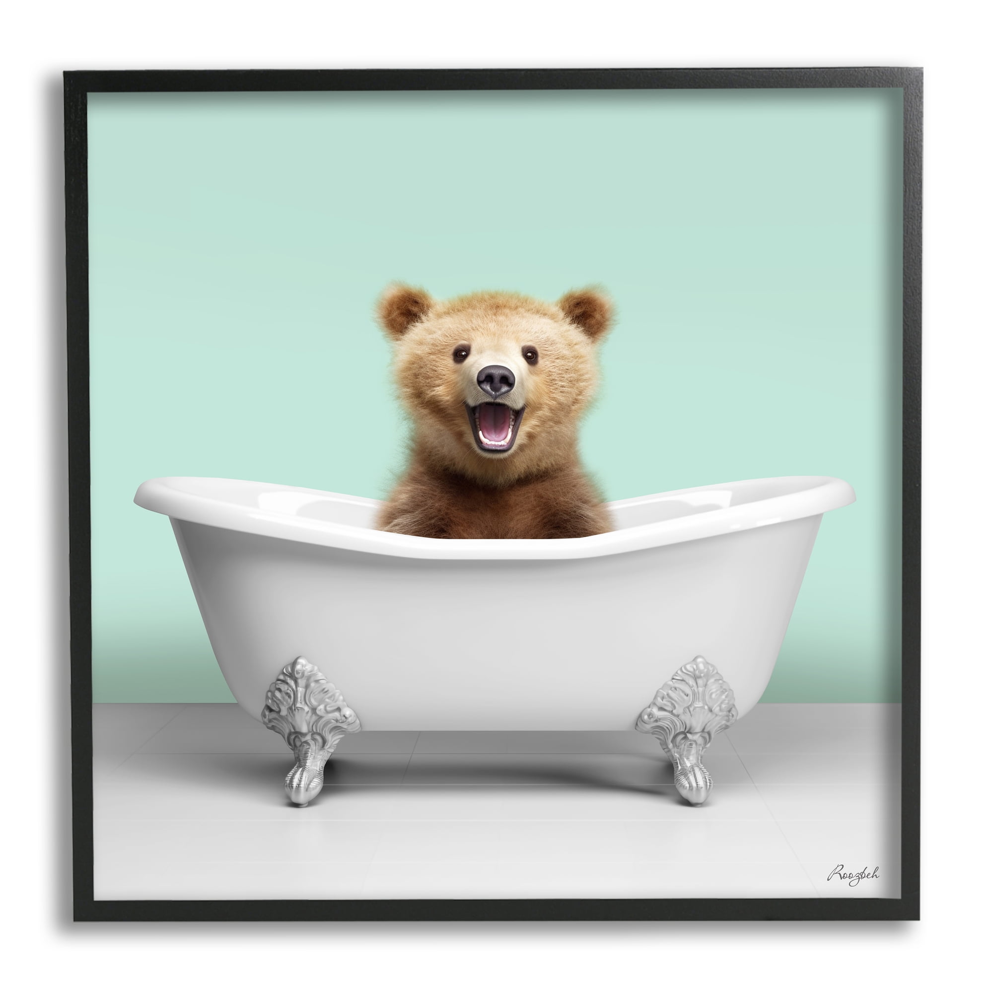 Stupell Industries Bear Cub in Bathtub Animals & Insects Painting Black Framed Art Print Wall Art, 17 x 17