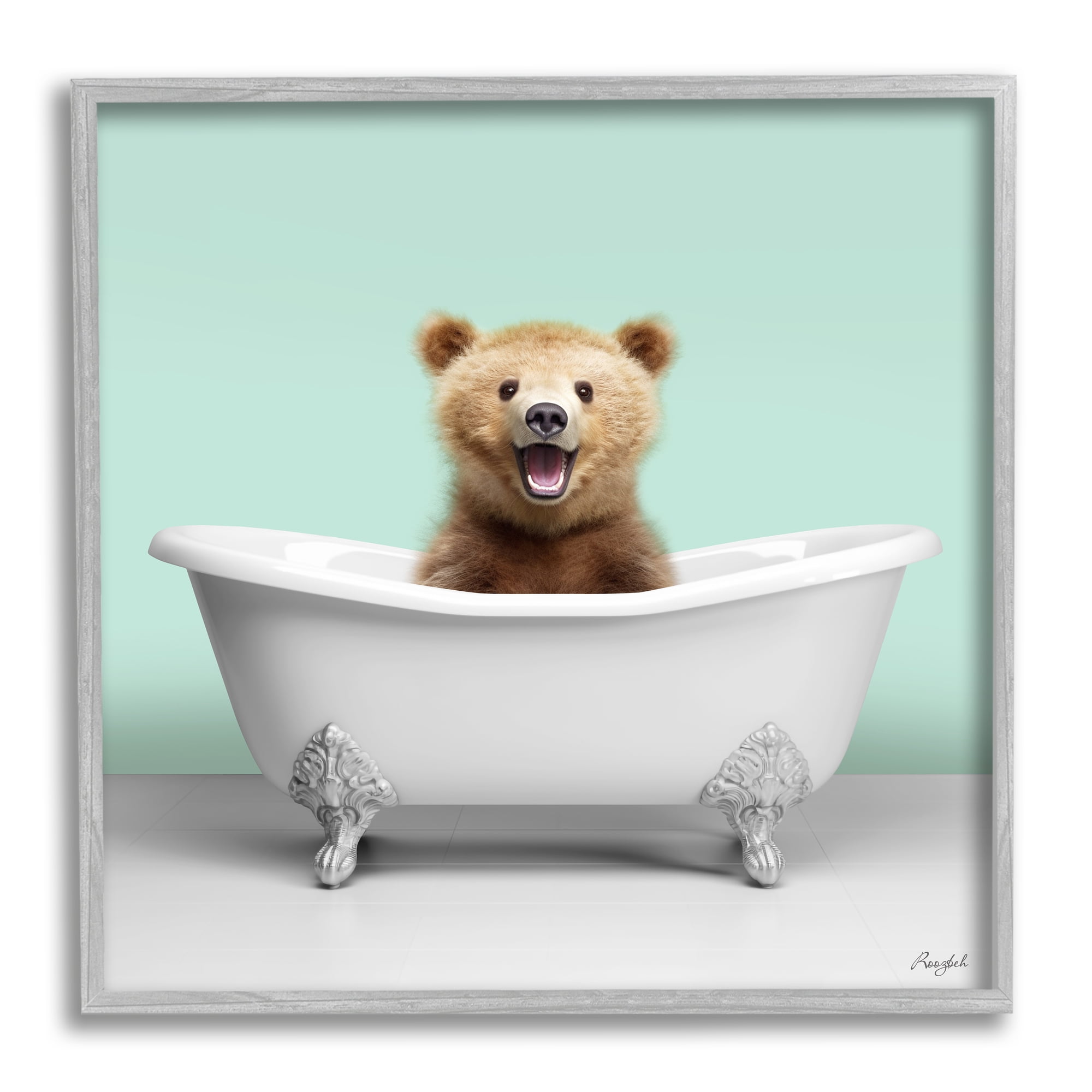 Stupell Industries Bear Cub in Bathtub Animals & Insects Painting Gray Framed Art Print Wall Art, 24 x 24