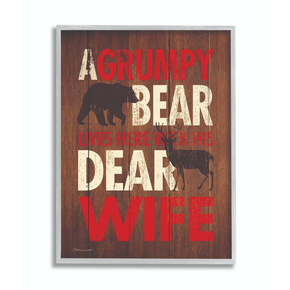 Stupell Industries Bear Dear Wife Funny Word Country Home Wood Textured Design Gray Farmhouse Rustic Framed Giclee Texturized Art by Stephanie Workman Marrott