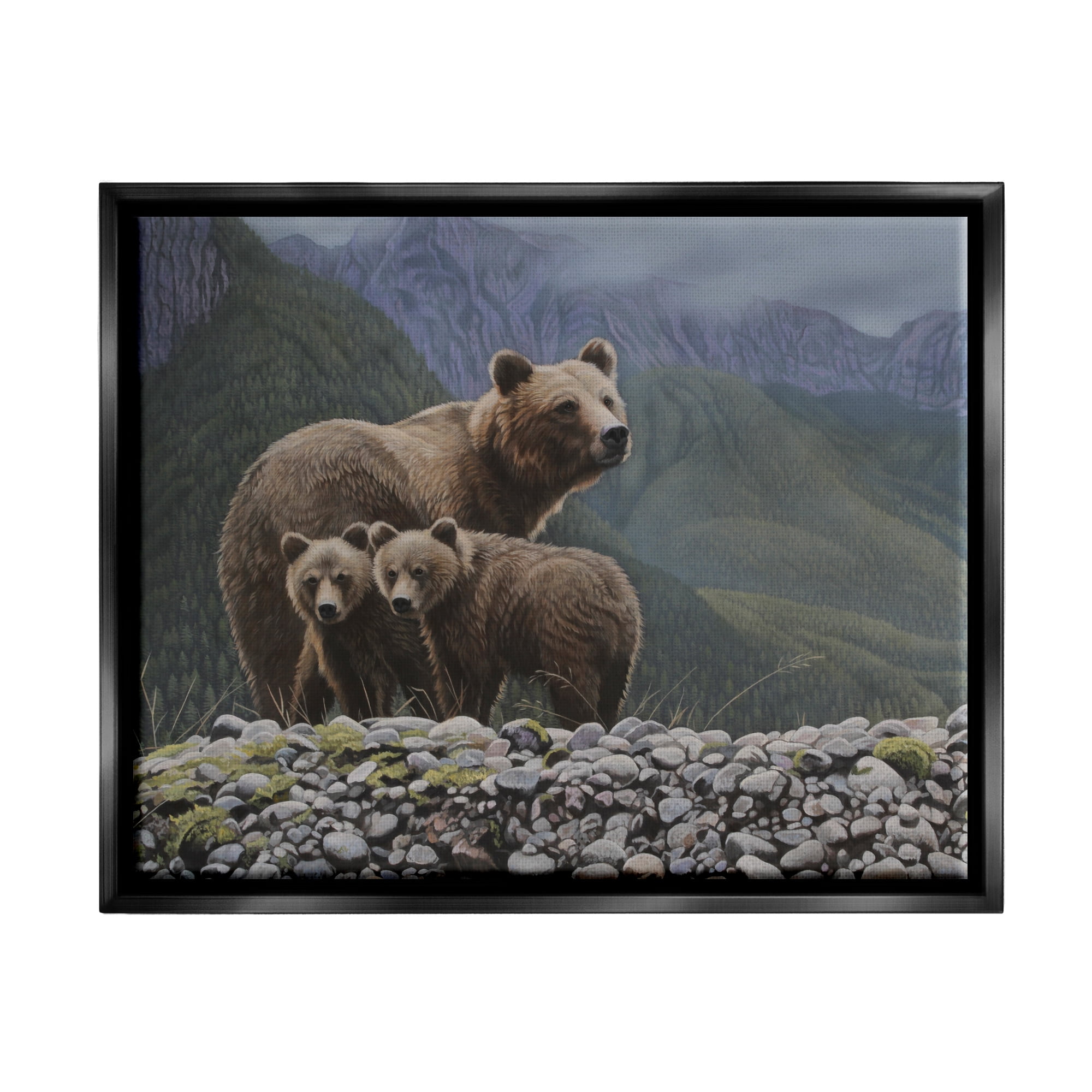 Stupell Industries Bear Family Mountain Landscape Animals & Insects Painting Black Floater Framed Art Print Wall Art, 31 x 25