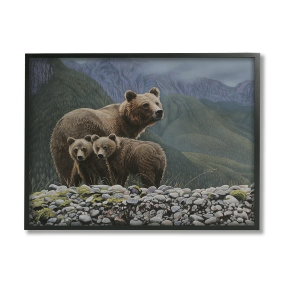 Stupell Industries Bear Family Mountain Landscape Animals & Insects Painting Black Framed Art Print Wall Art, 14 x 11