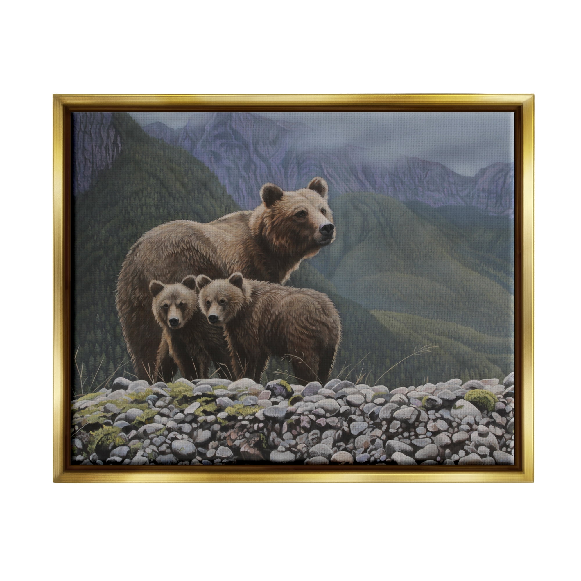 Stupell Industries Bear Family Mountain Landscape Animals & Insects Painting Gold Floater Framed Art Print Wall Art, 21 x 17