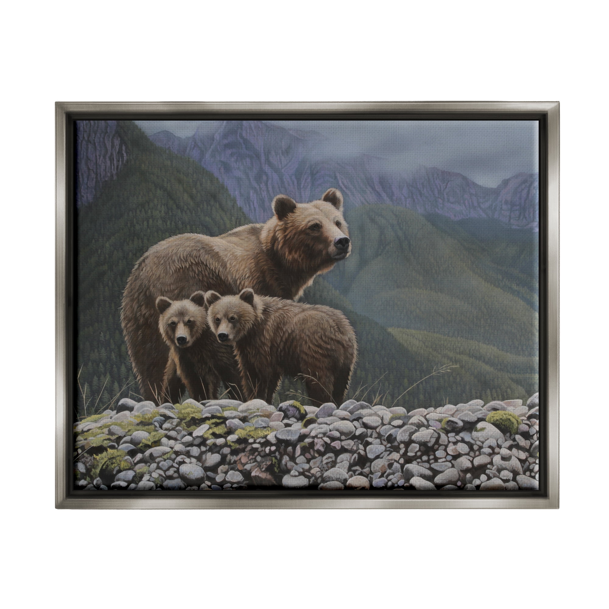 Stupell Industries Bear Family Mountain Landscape Animals & Insects Painting Gray Floater Framed Art Print Wall Art, 31 x 25