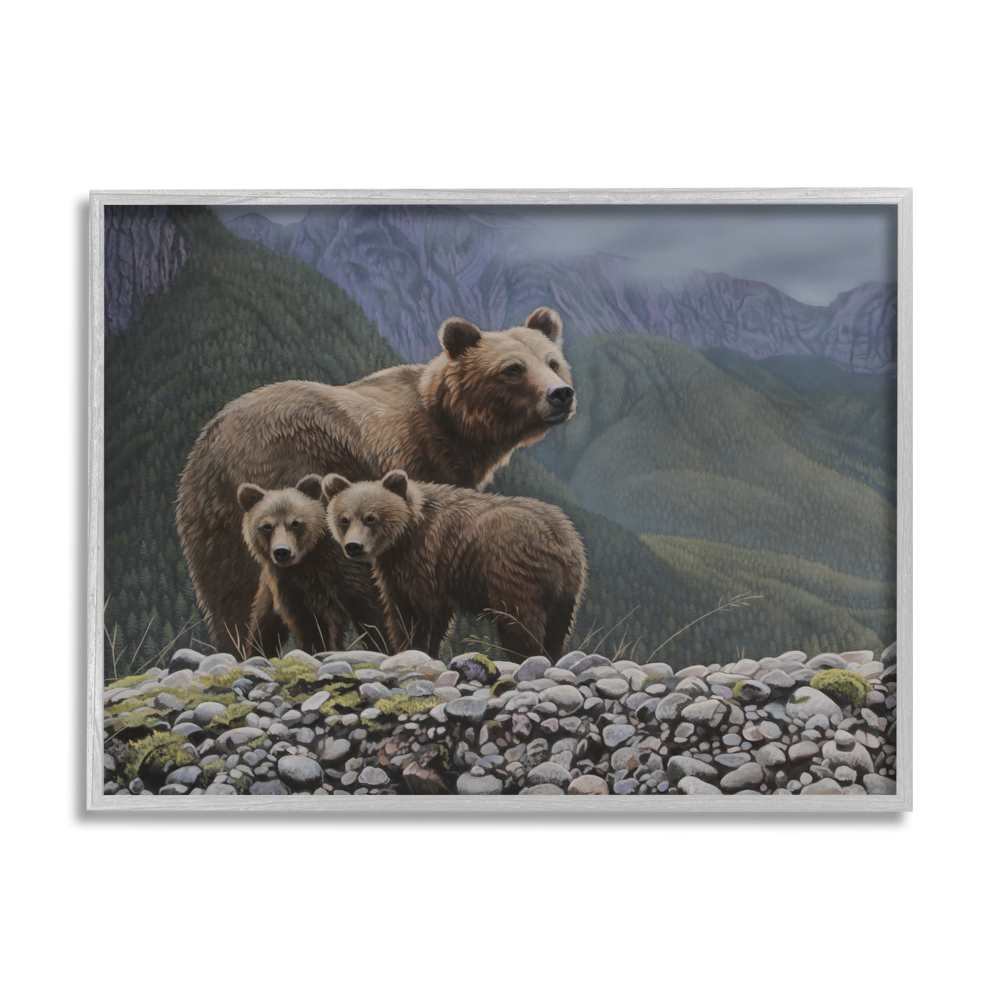 Stupell Industries Bear Family Mountain Landscape Animals & Insects Painting Gray Framed Art Print Wall Art, 20 x 16