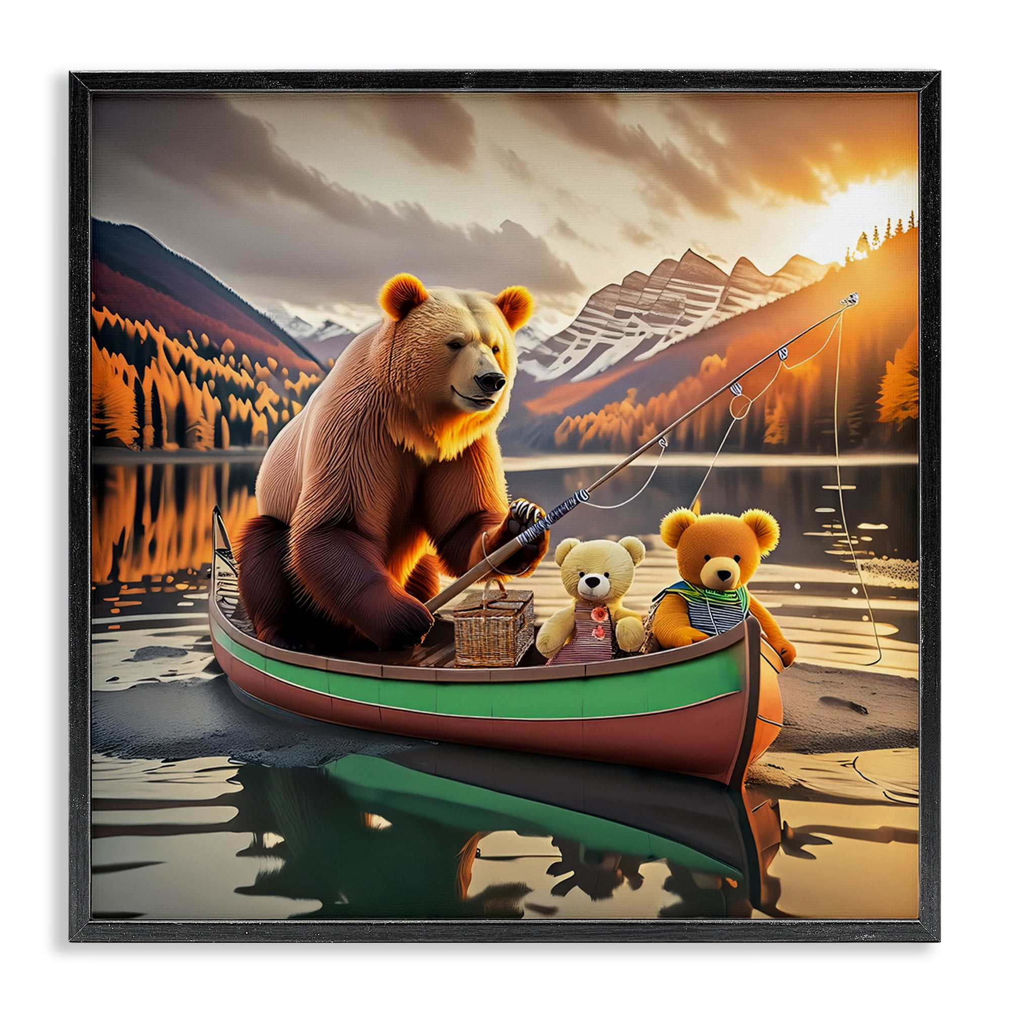 Stupell Industries Bear & Friends on Boat Animals Painting Black Framed Art Print Wall Art, 17 x 17