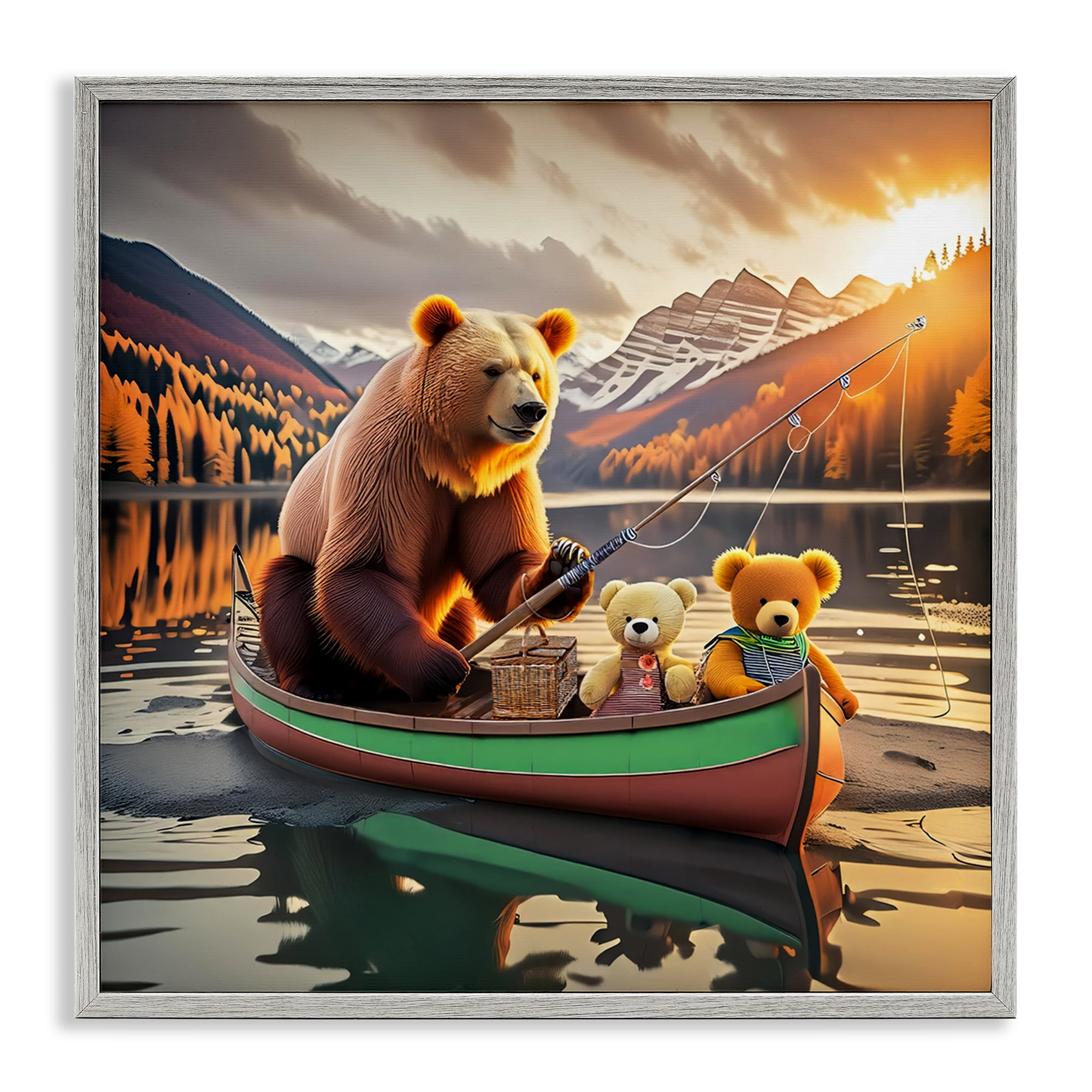 Stupell Industries Bear & Friends on Boat Animals Painting Gray Framed Art Print Wall Art, 12 x 12