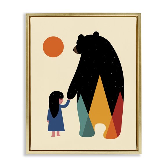 Stupell Industries Bear & Girl Silhouette Animals Painting Gold Floater Framed Canvas Art Print Wall Art, 17 x 21