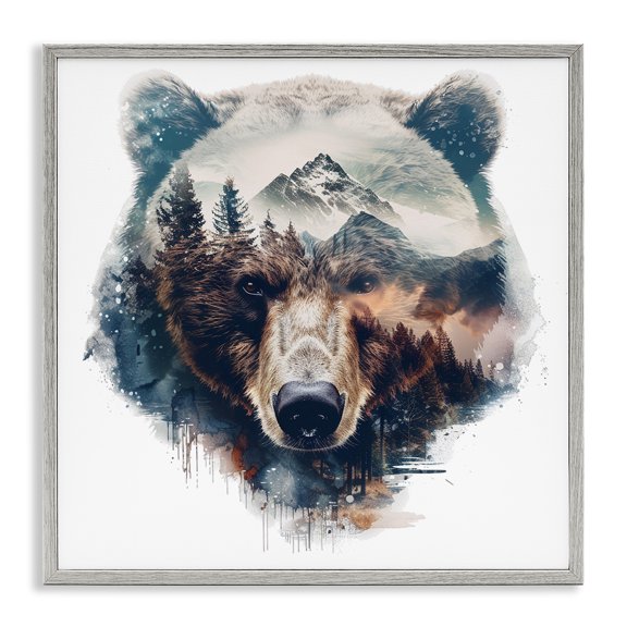 Stupell Industries Bear Head Silhouette Animals Painting Gray Framed Art Print Wall Art, 24 x 24