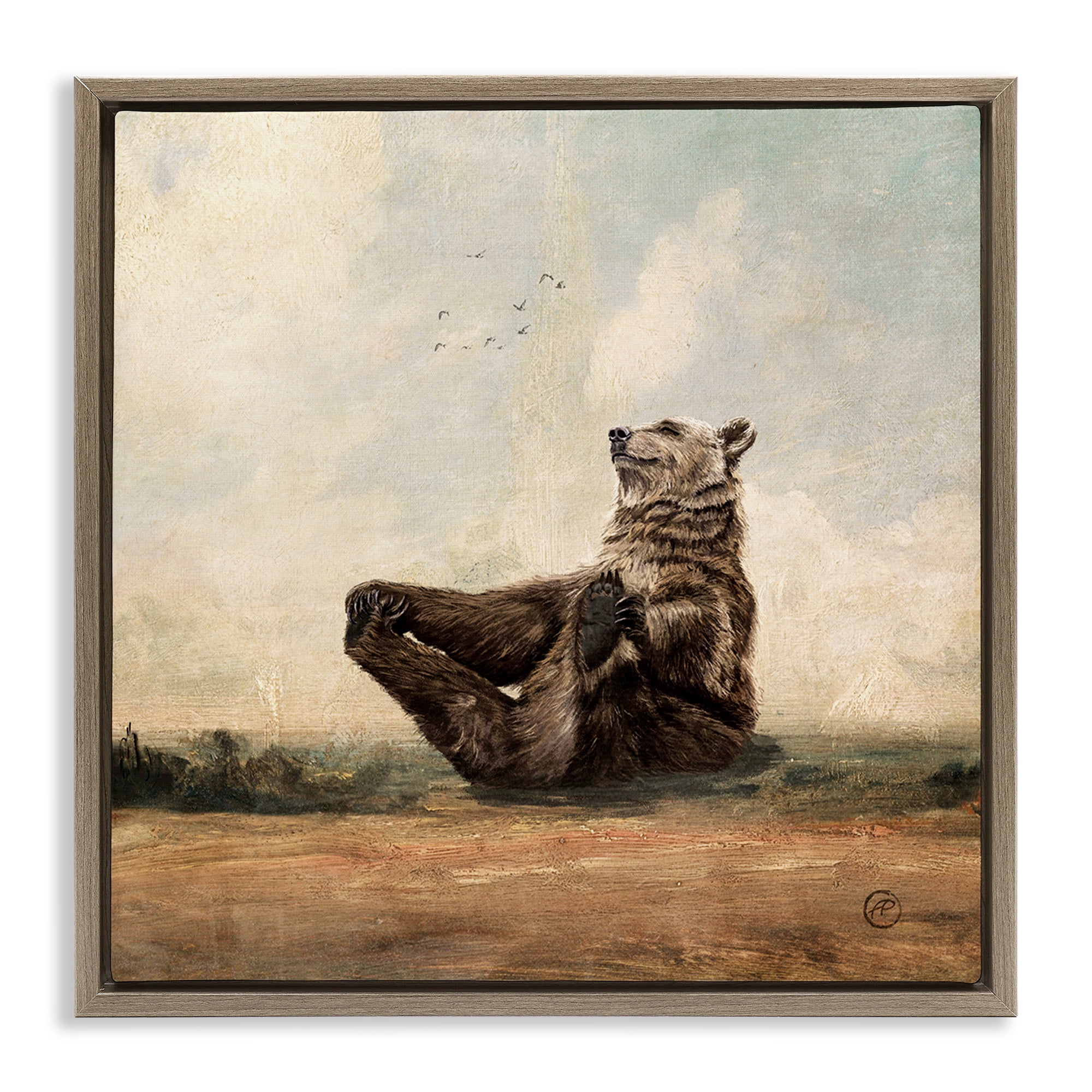 Stupell Industries Bear Holding Paws Watching Sunset Animals & Insects Painting Brown Floater Framed Canvas Art Print Wall Art, 25 x 25