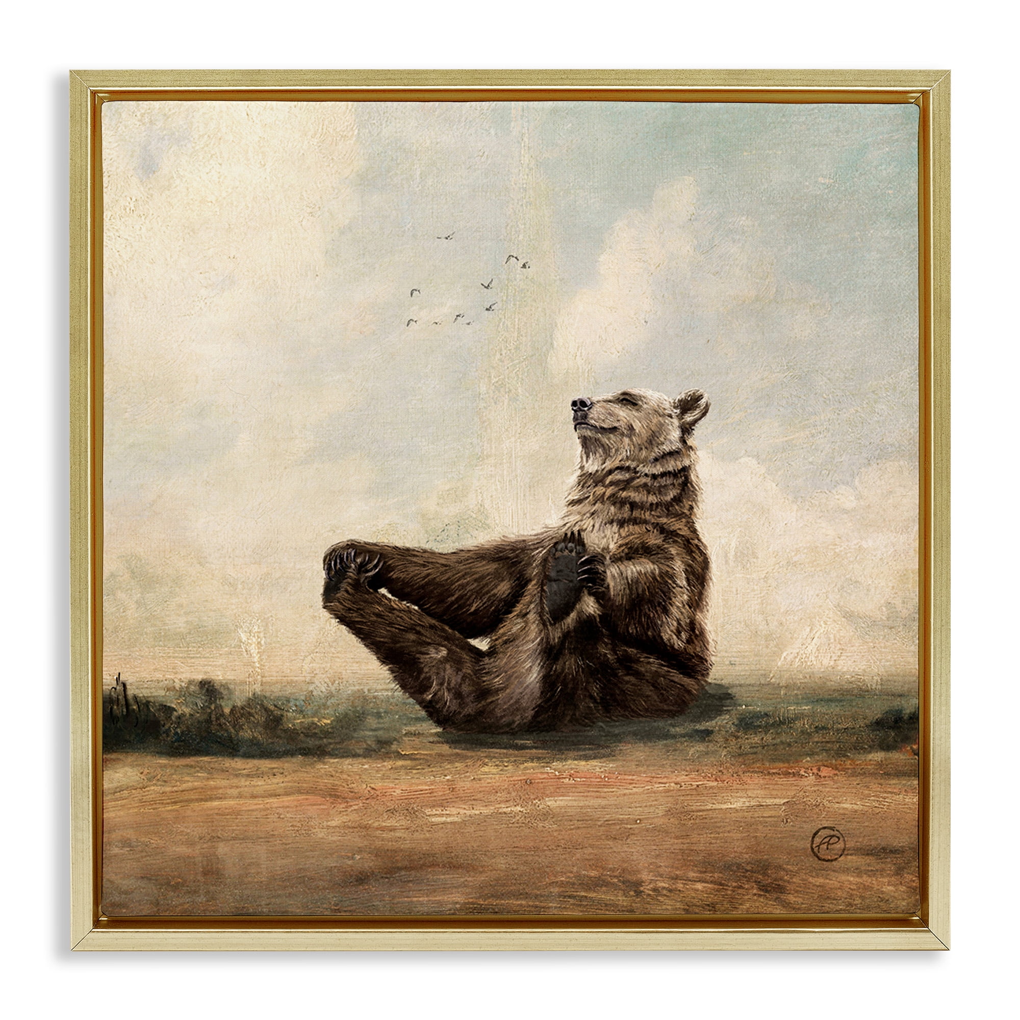Stupell Industries Bear Holding Paws Watching Sunset Animals & Insects Painting Gold Floater Framed Canvas Art Print Wall Art, 25 x 25