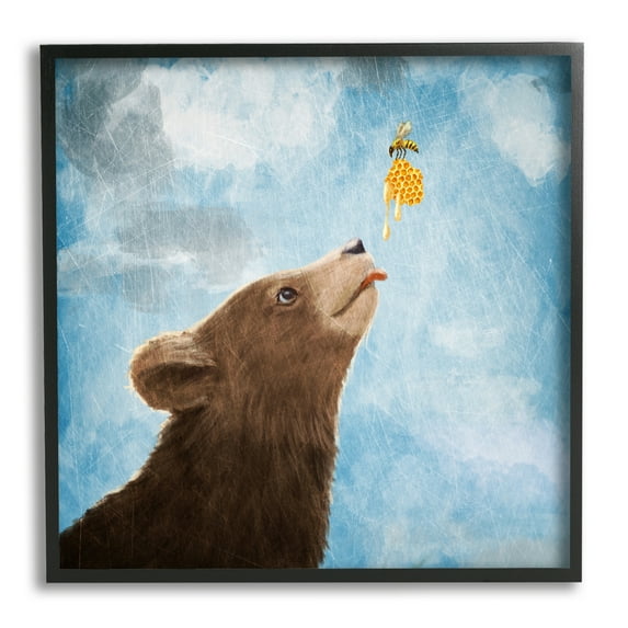Stupell Industries Bear & Honey Bee Animals & Insects Painting Black Framed Art Print Wall Art, 24 x 24
