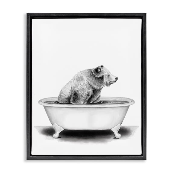 Stupell Industries Bear In A Tub Funny Animal Bathroom Drawing Jet Black Framed Floating Canvas Wall Art, 24x30, by Rachel Neiman