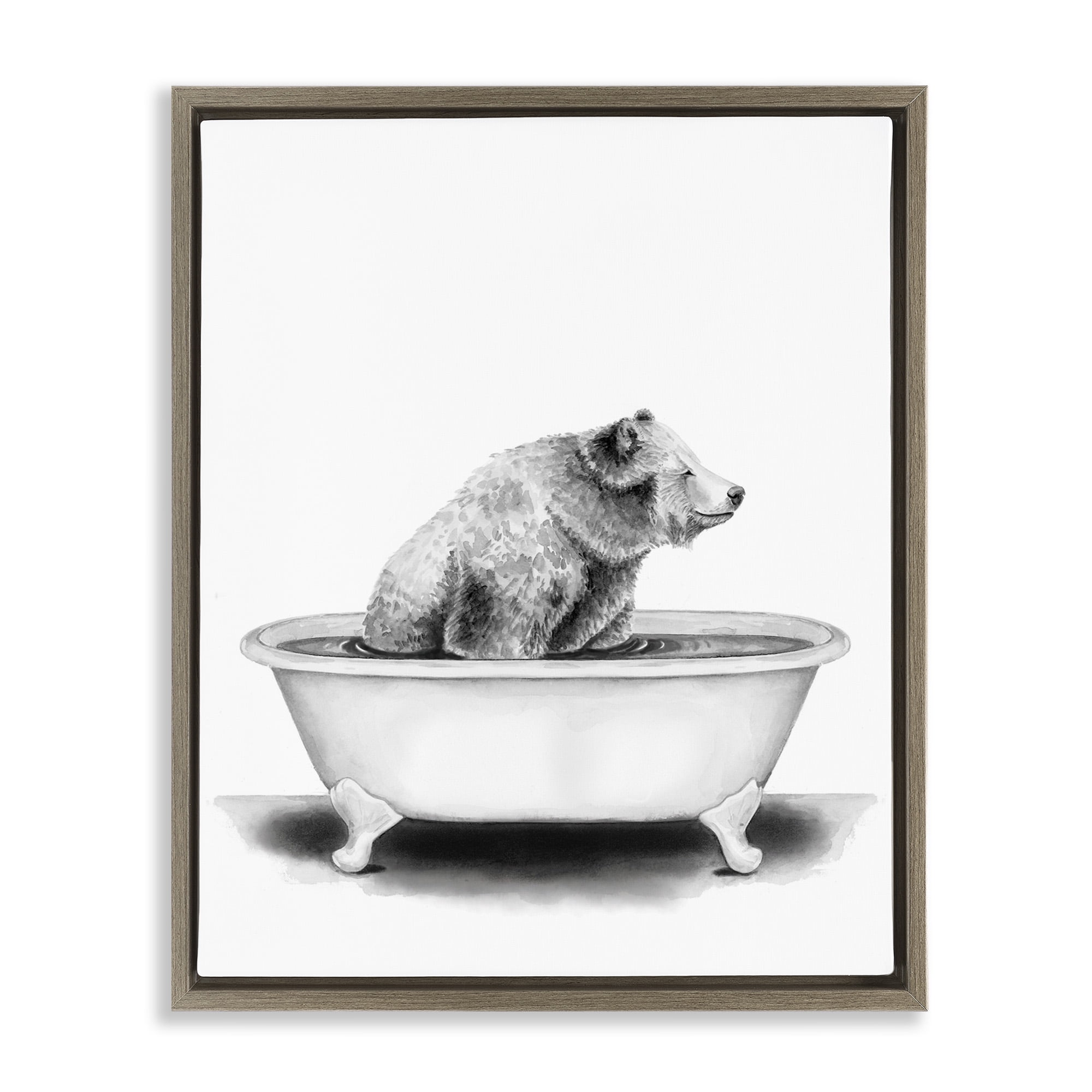 Stupell Industries Bear In Tub Rustic Bathroom Drawing Animals & Insects Painting Brown Floater Framed Canvas Art Print Wall Art, 25 x 31